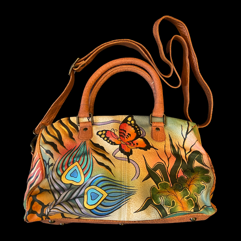 Anuschka Large Butterfly Hearts Hand Painted Leather Tote Handbag