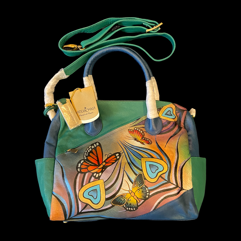 Anuschka Large Butterfly Hearts Hand Painted Leather Tote Handbag 16004-FPK