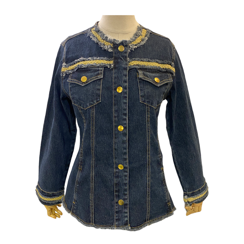 DG2 Diane Gilman 2 Women's Fringe Gold Accents Button Up Denim Blue Jean Jacket