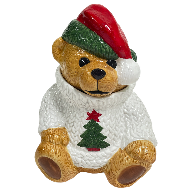 Hallmark Christmas Tree Shirt Santa Hat 12" Teddy Bear Cookie Jar