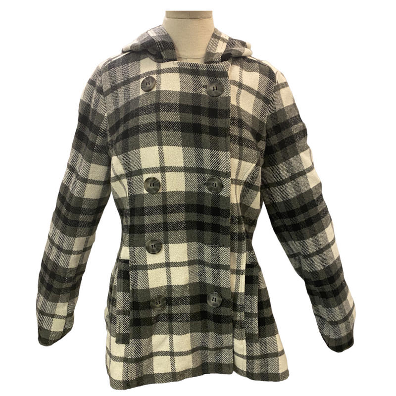 Aeropostale Womens Plaid Grey Black Double Button Hooded Jacket Coat