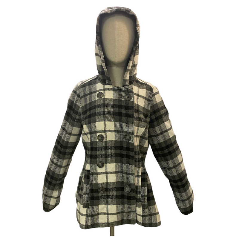 Aeropostale Womens Plaid Grey Black Double Button Hooded Jacket Coat