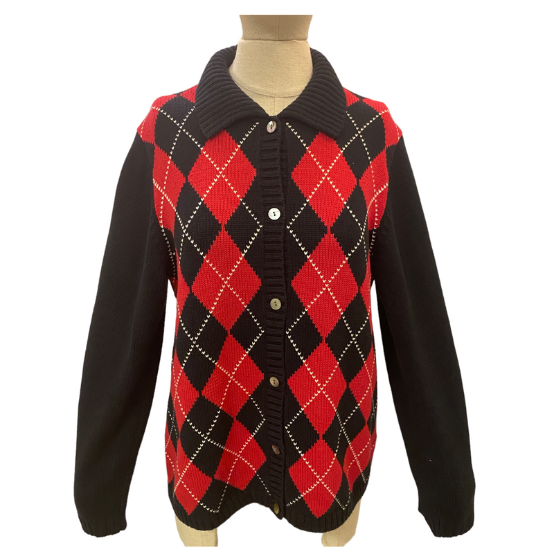 Lands End Womens Black Red Diamond Argyle Collared Button Up Cotton Sweater