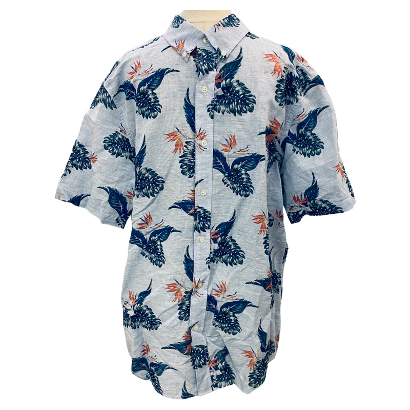 Chaps Cotton Linen Mens Blue Floral Flowers Hawaiian Short Sleeve Button Shirt
