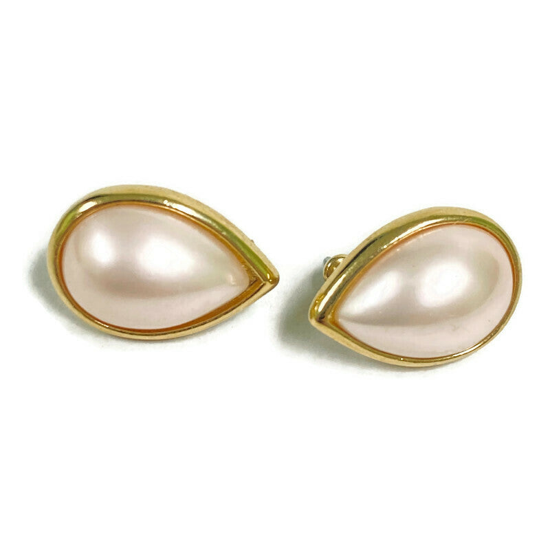 Trifari Pink Faux Pearl Gold Teardrop Stud Earrings