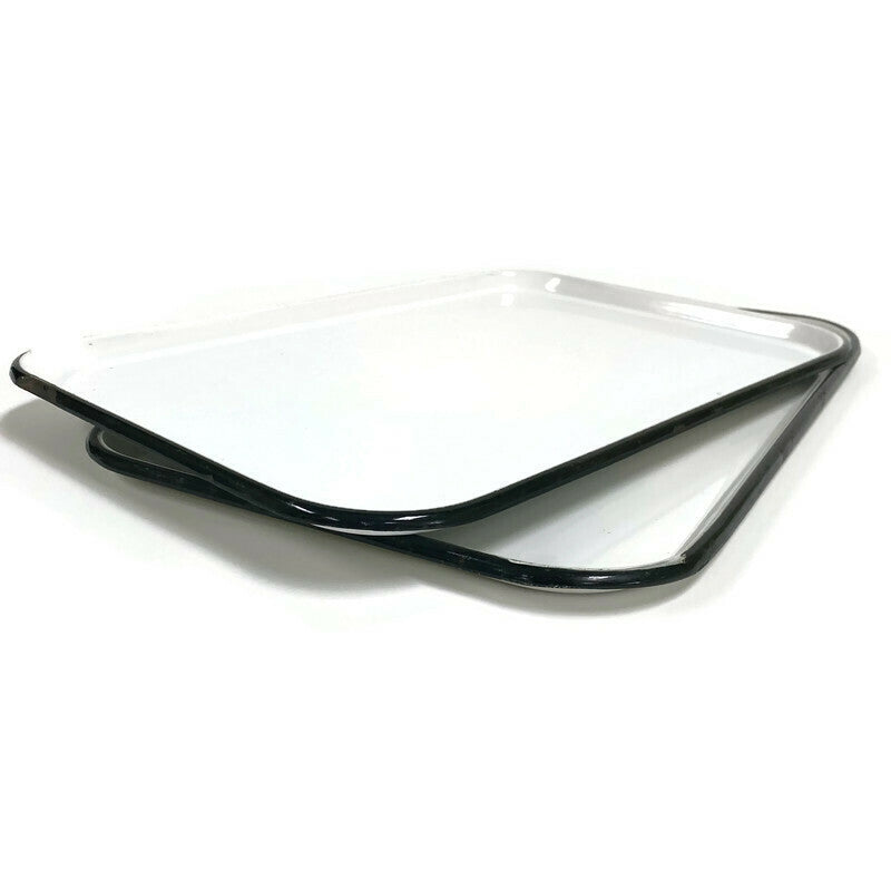 (2) White Black Vintage Heavy Duty Enamel Ware 17"x11.5" Lunch Serving Trays