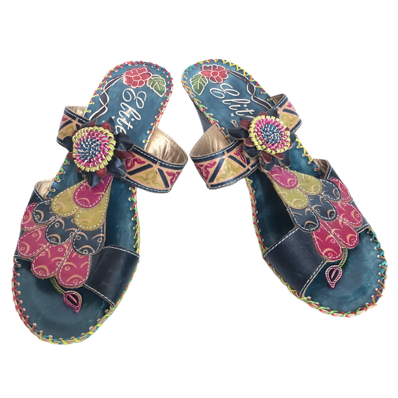 Elite By Corkys Womens Leather Turquoise Multi Color Flower Wedge Sandals