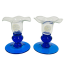 (2) Princess House Crystal Sapphire Ruffled Edge 3.25" Candlestick Candle Holder