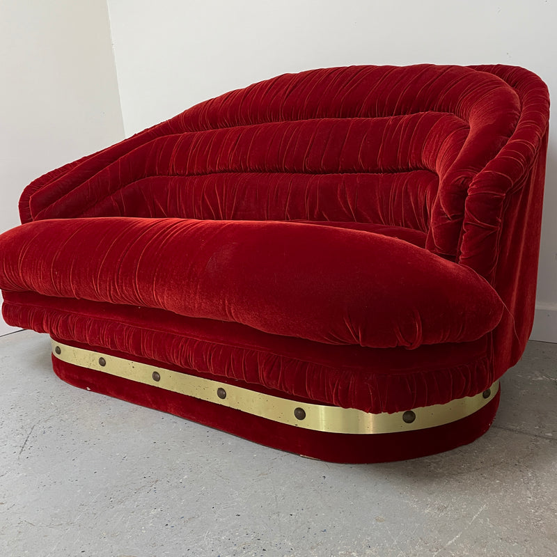 1960's Vintage Red Velvet Gold Metal Trim 2 Seat Sofa Couch Loveseat