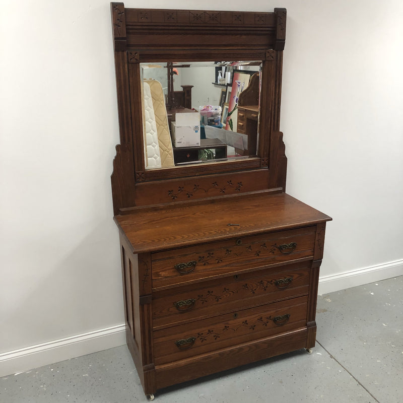 1800s Oak Solid Wood 3 Lock Drawer Dresser w/ Mirror & Key