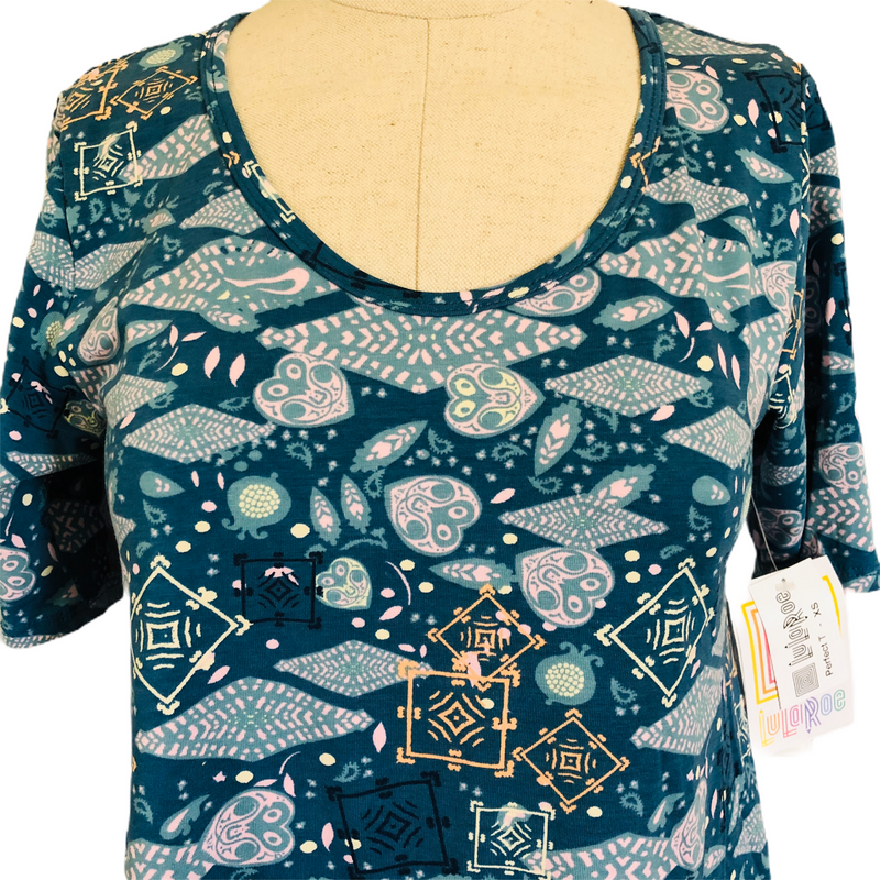 LuLaRoe Womens Teal Multi Color Geometric Perfect T Shirt