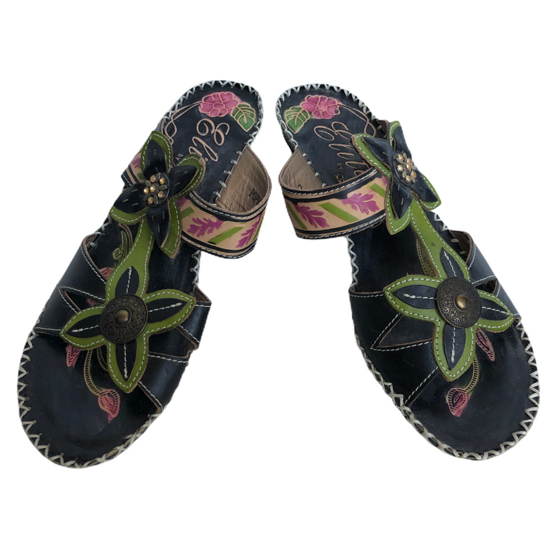 Elite By Corkys Womens Leather Black Green Flower Wedge Sandals