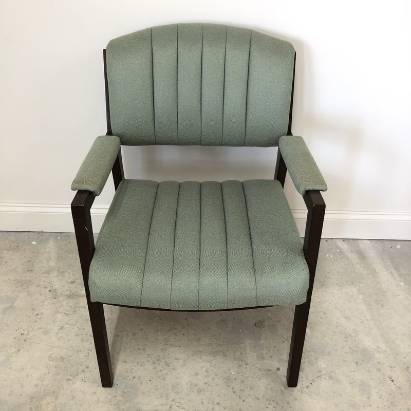 (2) Mint Green Fabric Wood Trim Cushion Arm Chairs