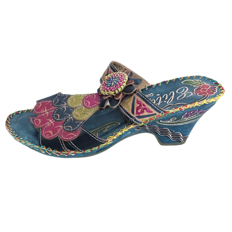 Elite By Corkys Womens Leather Turquoise Multi Color Flower Wedge Sandals