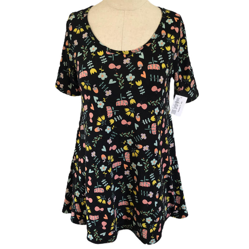 LuLaRoe Womens Black Multi Colored Flowered Perfect T Shirt