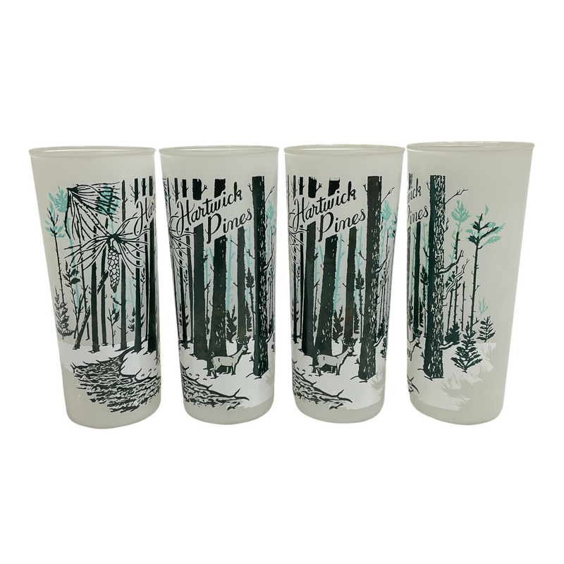 (4) Hartwick Pines Michigan Winter Souvenir Frosted Glass 16 oz Tumblers