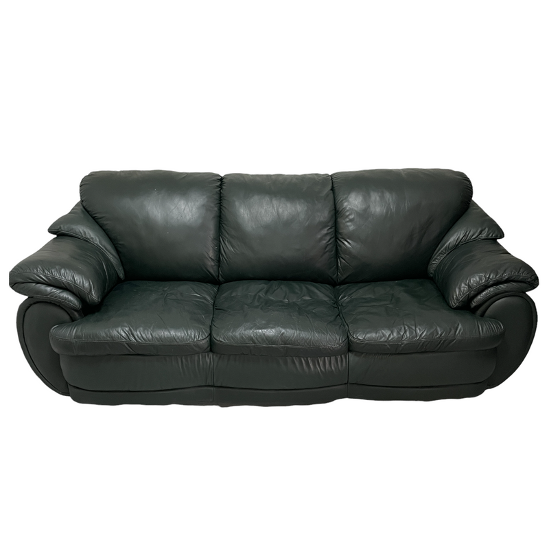 90" Dark Forest Green Leather Pillow Top Arm Sofa Couch