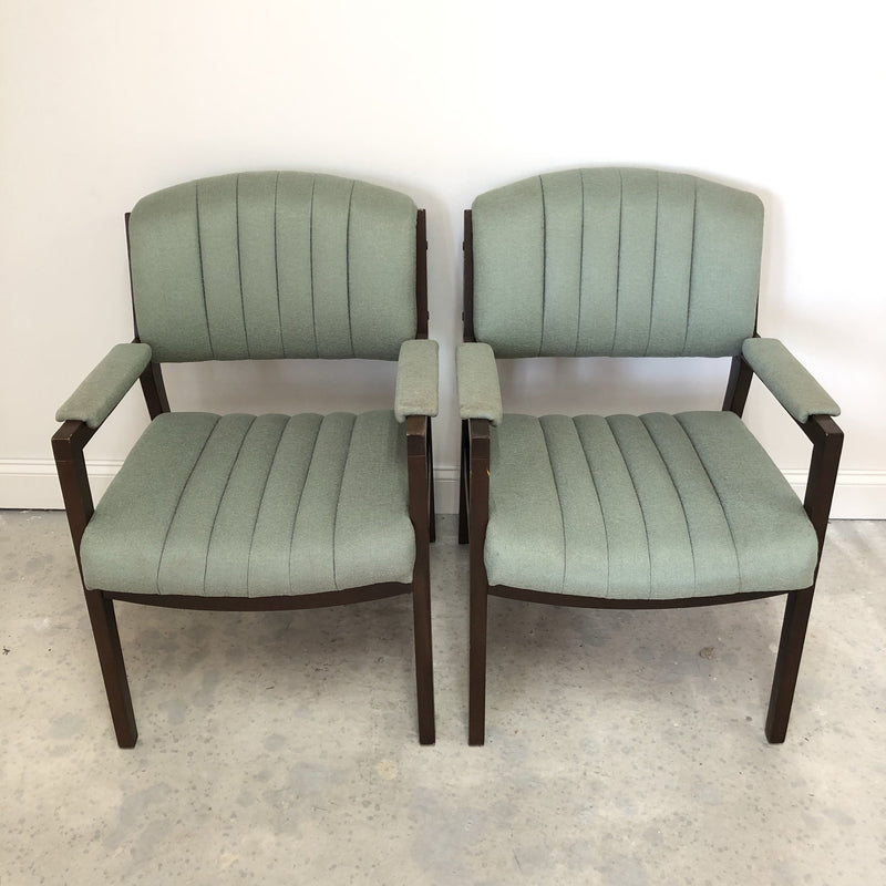 (2) Mint Green Fabric Wood Trim Cushion Arm Chairs