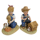 Homco "Denim Days" 1985 "Puppy Love" Dog House Debbie & Danny Figurine Set 1503
