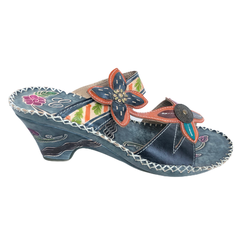 Elite By Corkys Womens Leather Turquoise Blue Orange Flower Wedge Sandals