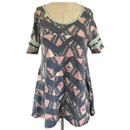 LuLaRoe Womens Bluish Gray Pink Design Green Stripe Sleeve Perfect T Shirt