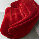 1960's Vintage Red Velvet Gold Metal Trim 2 Seat Sofa Couch Loveseat