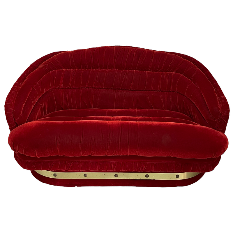 1960's Vintage Red Velvet Gold Metal Trim 2 Seat Sofa Couch Loveseat