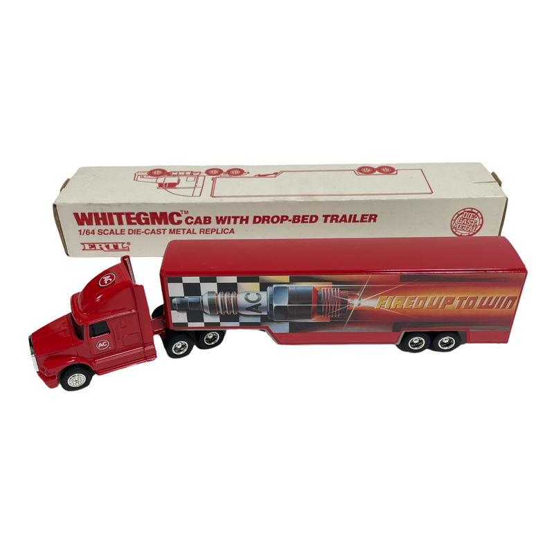 ERTL AC Fired Up To Win 1/64 White GMC Cab Drop-Bed Trailer Die-Cast Replica