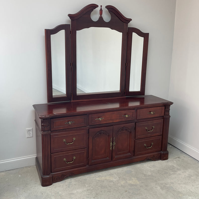 Florida Furniture Industries Mahogany Cherry Wood Triple Dresser w/ Mirror