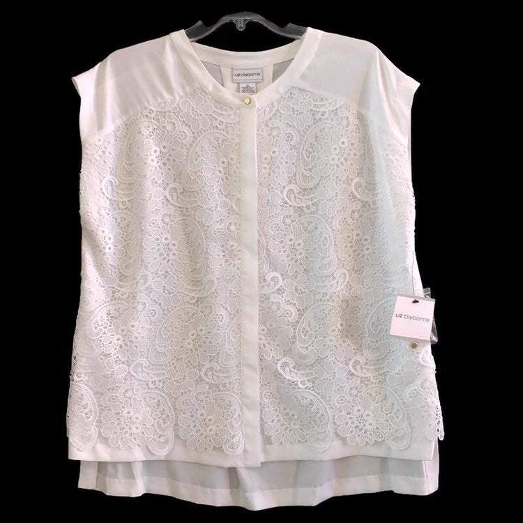 Liz Claiborne Womens Polyester Lace Front Sleeveless Hidden Button Down White Shirt