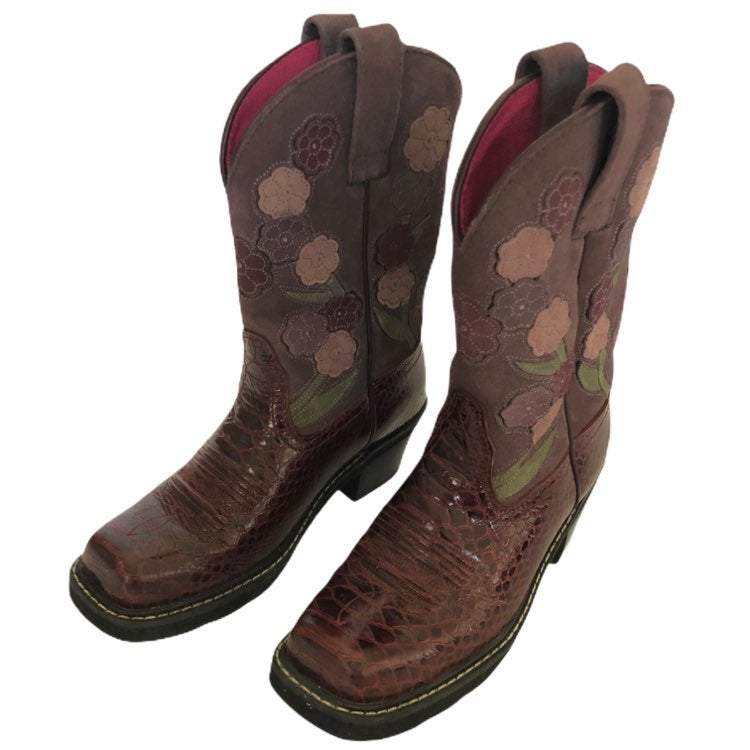 Ariat Womens Burgundy Floral Croc Print Leather Suede Western Boots