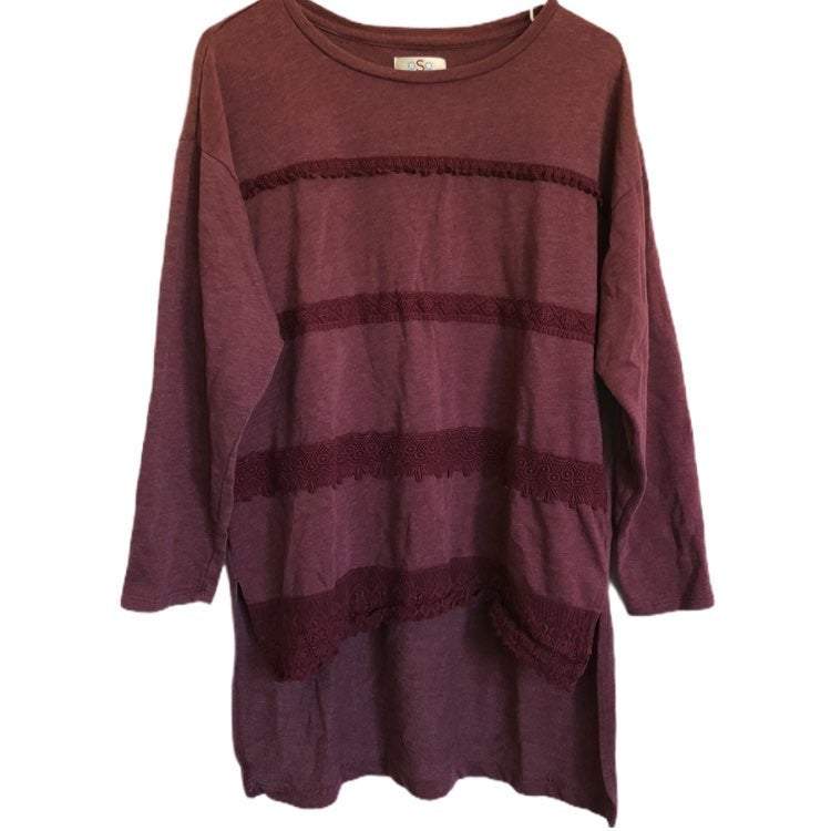 OSO Casuals Womens Maroon Fringe Front High Low Long Sleeve Shirt