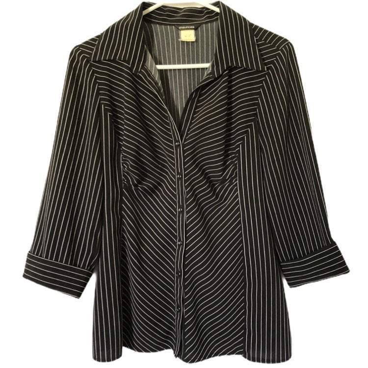 Maurices Womens Black Striped Button Down 3/4 Sleeve Shirt
