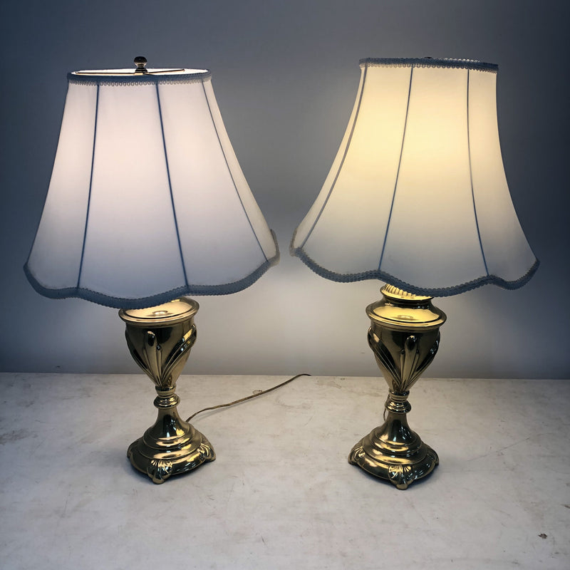 (2) Excelsior Brass Base White Shade Table Lamps