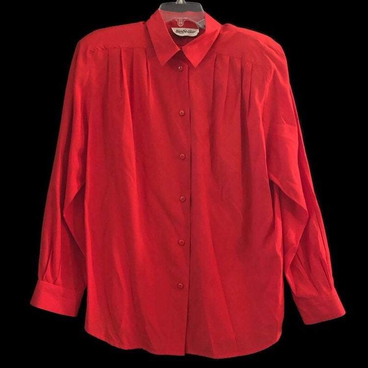 Yves St. Clair Womens Rayon Blouse Long Sleeve Button Down Shoulder Pads Red Shirt